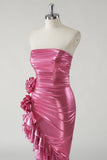 Robe De Soirée bustier métallisée fuchsia scintillante avec fente