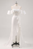 Sirène blanche épaule froide Corset Applique Robe de soirée Longue avec Fente