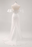 Sirène blanche épaule froide Corset Applique Robe de soirée Longue avec Fente
