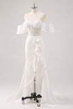 Sirène blanche épaule froide Corset Applique Robe de soirée Longue avec Fente