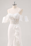 Sirène blanche épaule froide Corset Applique Robe de soirée Longue avec Fente