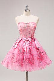 Robe de balle corset floral sans bretelles a-trapèze en tulle avec nœuds