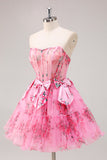 Robe de balle corset floral sans bretelles a-trapèze en tulle avec nœuds
