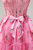 Robe de balle corset floral sans bretelles a-trapèze en tulle avec nœuds