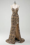 Léopard kaki à paillettes sirène spaghetti bretelles robe corset longue avec fente