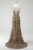 Léopard kaki à paillettes sirène spaghetti bretelles robe corset longue avec fente