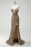 Léopard kaki à paillettes sirène spaghetti bretelles robe corset longue avec fente