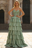 Princesse Basque verte à la taille, robe de bal longue à volants à volants avec perles