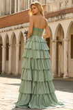 Princesse Basque verte à la taille, robe de bal longue à volants à volants avec perles