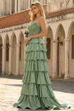 Princesse Basque verte à la taille, robe de bal longue à volants à volants avec perles