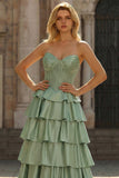 Princesse Basque verte à la taille, robe de bal longue à volants à volants avec perles