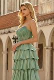Princesse Basque verte à la taille, robe de bal longue à volants à volants avec perles