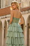 Princesse Basque verte à la taille, robe de bal longue à volants à volants avec perles
