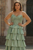 Corset de bal en satin à étages Green Sweetheart Princess longue grande taille avec fente