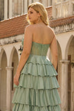 Corset de bal en satin à étages Green Sweetheart Princess longue grande taille avec fente
