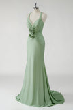 Robe de bal longue vert fourreau scintillant avec fleurs 3D