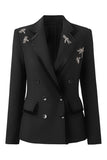 Noir Brillant Noir Cranté Revers Strass Femmes Blazer de fête