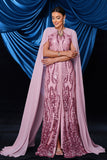 Robe de bal sirène rose à paillettes avec portefeuille