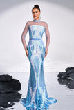 Robe de bal sirène bleu clair imprimé à manches illusion