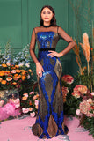 Robe de bal sirène bleu clair imprimé à manches illusion