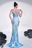Robe de bal sirène bleu clair imprimé à manches illusion
