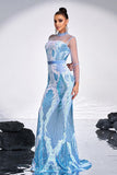 Robe de bal sirène bleu clair imprimé à manches illusion