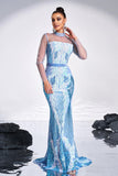 Robe de bal sirène bleu clair imprimé à manches illusion