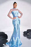 Robe de bal sirène bleu clair imprimé à manches illusion