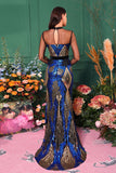 Robe de bal sirène bleu clair imprimé à manches illusion