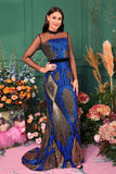 Robe de bal sirène bleu clair imprimé à manches illusion