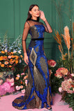 Robe de bal sirène bleu clair imprimé à manches illusion