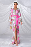 Sirène rose col en V manches longues robe de bal avec fente