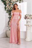 Rose Une ligne à épaules dénudées Sequin Robe de bal longue avec fente
