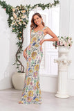 Robe de bal longue à col en V floral sirène dorée