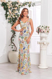 Robe de bal longue à col en V floral sirène dorée
