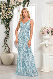 Robe de bal longue à col en V fourreau floral bleu