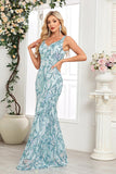 Robe de bal longue à col en V fourreau floral bleu