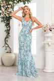 Robe de bal longue à col en V fourreau floral bleu