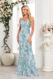 Robe de bal longue à col en V fourreau floral bleu