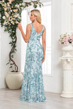 Robe de bal longue à col en V fourreau floral bleu