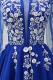 Bleu royal scintillant A-ligne épaule froide manches longues robe de Soirée longue avec appliques