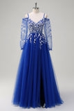 Bleu royal trapèze épaule froide à paillettes applique robe longue de bal avec fente en tulle