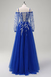 Bleu royal trapèze épaule froide à paillettes applique robe longue de bal avec fente en tulle