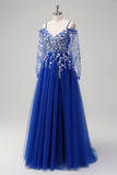 Bleu royal trapèze épaule froide à paillettes applique robe longue de bal avec fente en tulle