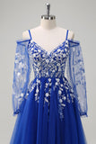 Bleu royal trapèze épaule froide à paillettes applique robe longue de bal avec fente en tulle