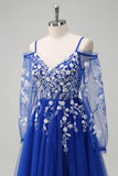 Bleu royal trapèze épaule froide à paillettes applique robe longue de bal avec fente en tulle