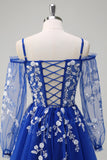 Bleu royal trapèze épaule froide à paillettes applique robe longue de bal avec fente en tulle