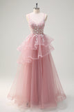 Robe de Soirée longue en tulle à volants à bretelles spaghetti trapèze scintillante avec appliques