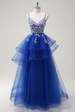 Robe de soirée longue à appliques bleu royal avec paillettes