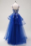 Robe de soirée longue à appliques bleu royal avec paillettes